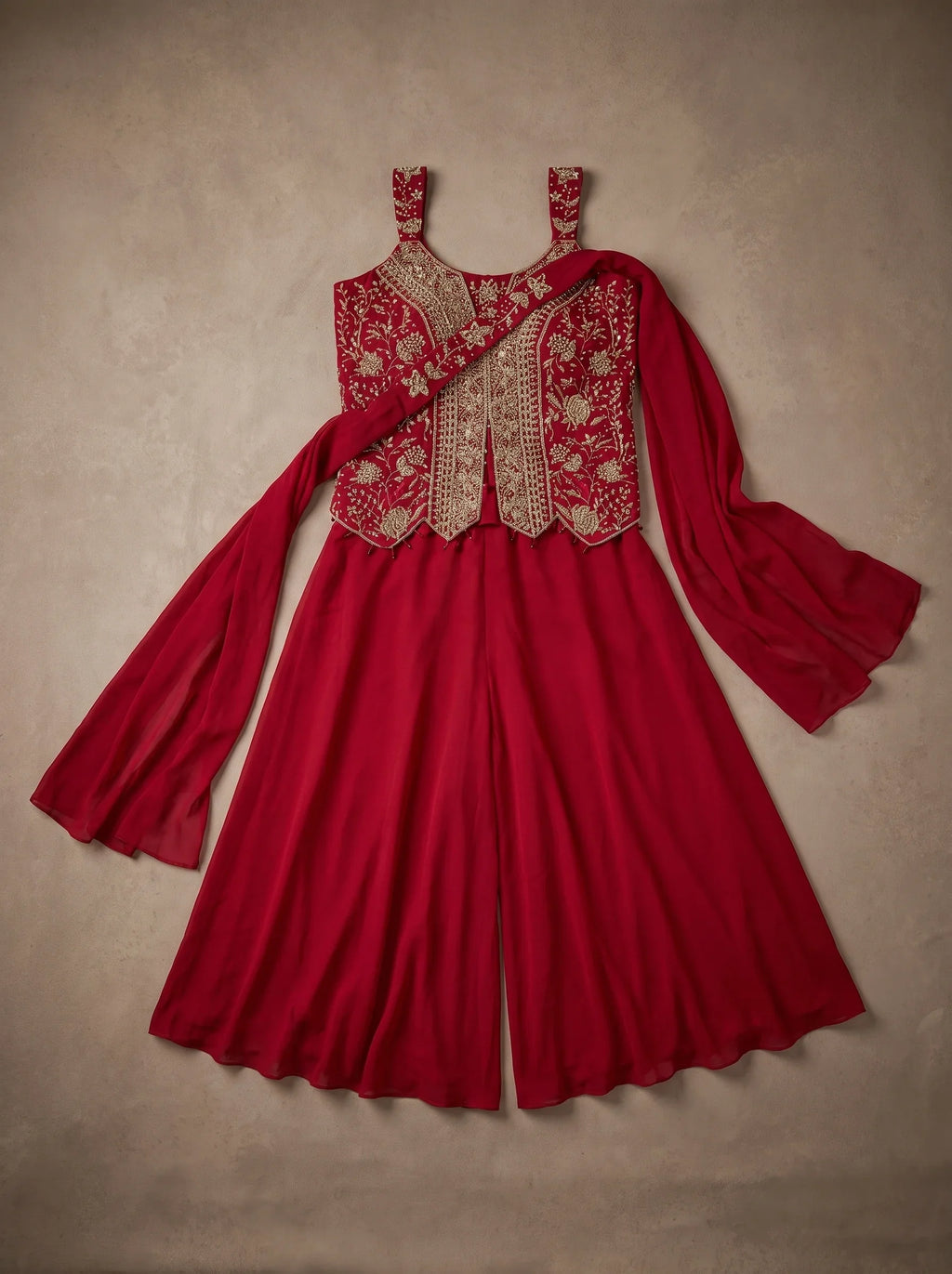Deep pink georgette sharara set with floral stone embroidery, matching dupatta and wide-leg bottom