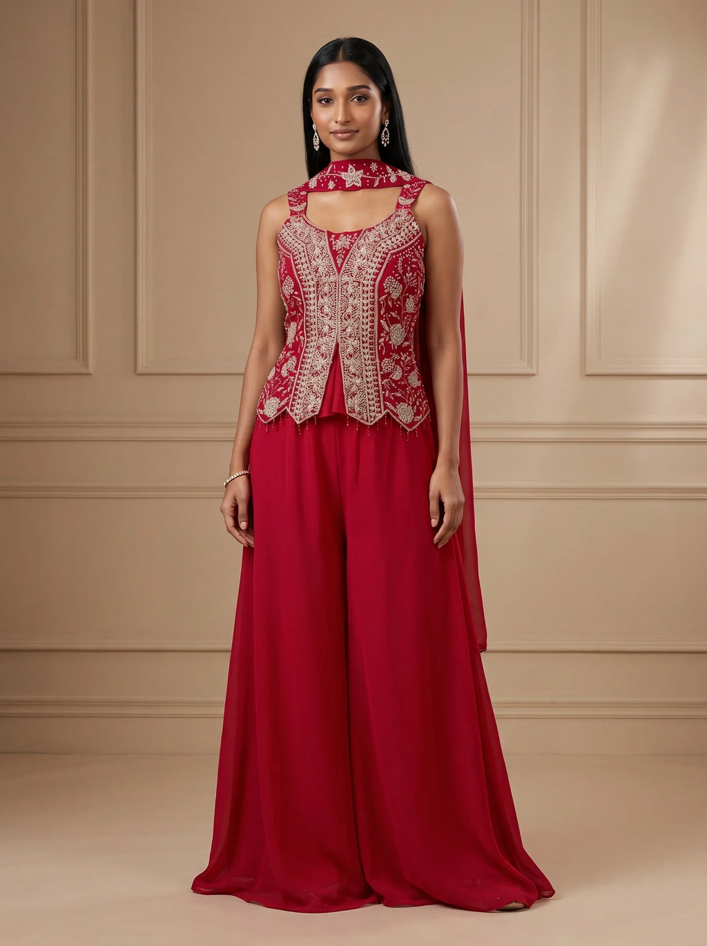 Model wearing deep pink georgette floral stone embroidered sharara set with matching dupatta