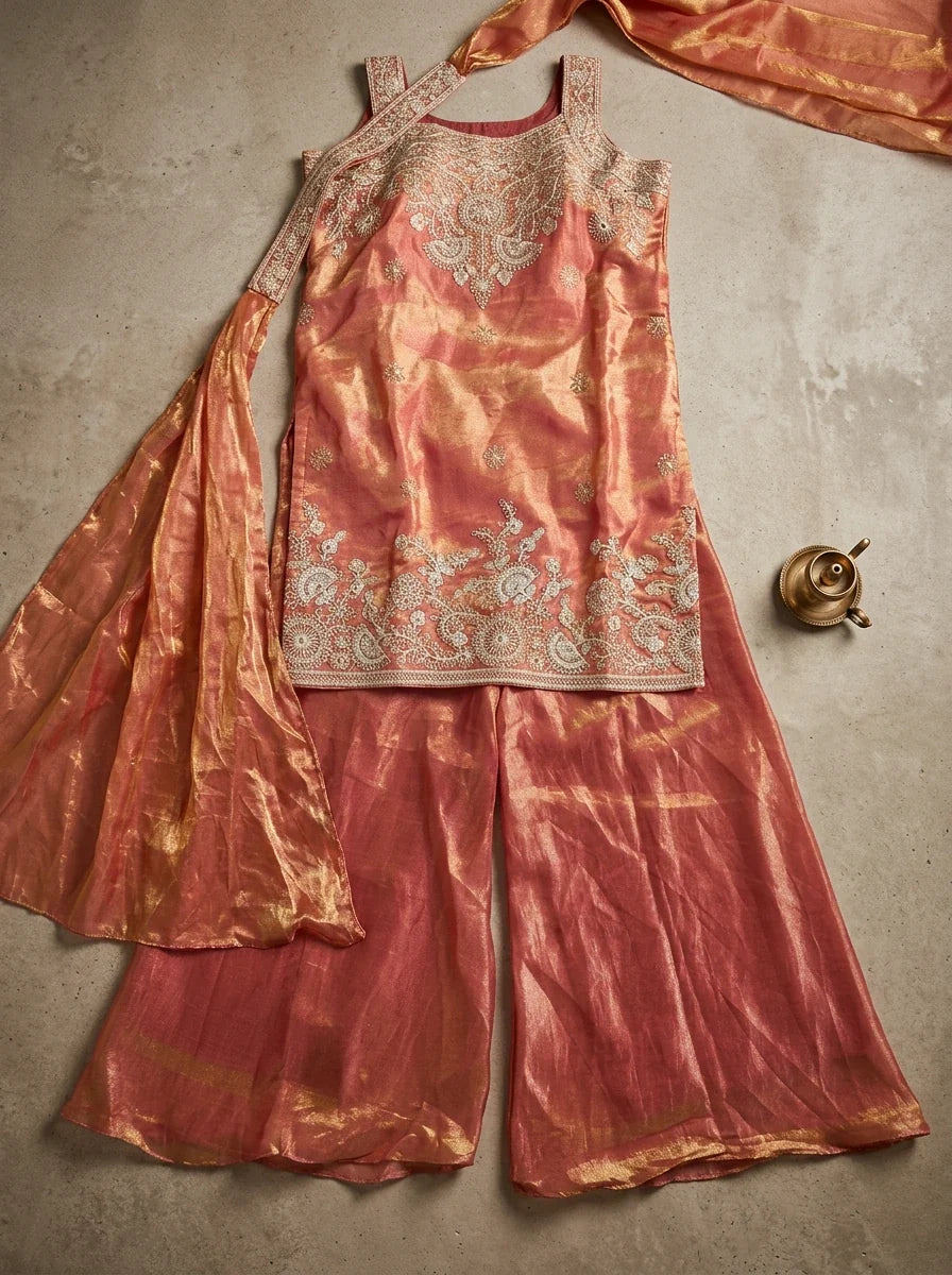 Flat lay of peach tissue silk embroidered top, flared sharara bottoms and matching dupatta.