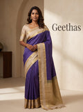 Model wearing a violet soft silk saree with gold geometric woven motifs, cream pallu and decorative gold border.