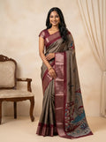 Stone Brown Dola Silk Kalamkari Print Saree with Contrast Wine Butta Blouse