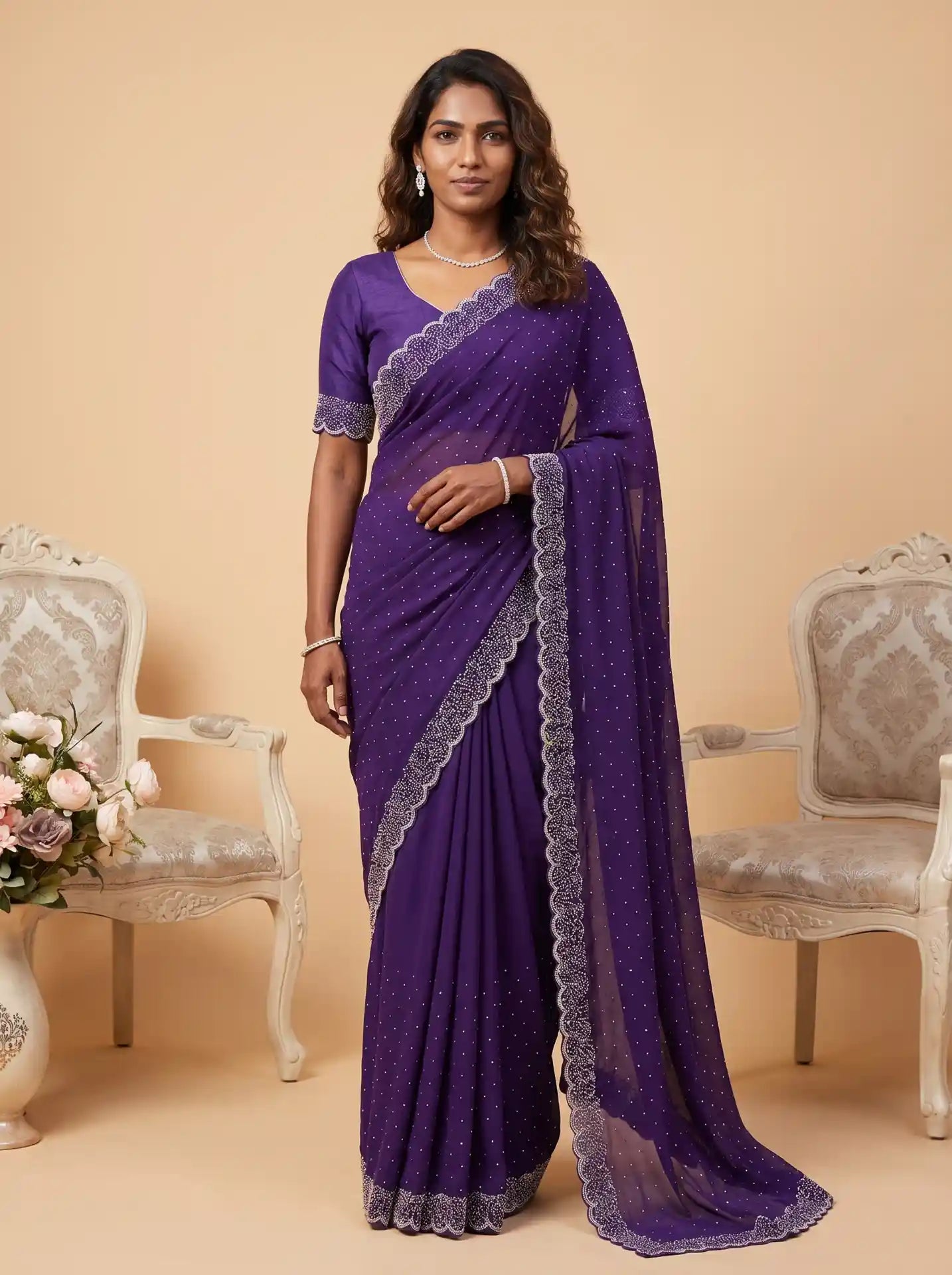Royal Purple All-Over Stone Work Saree with Matching Stone Border Blouse