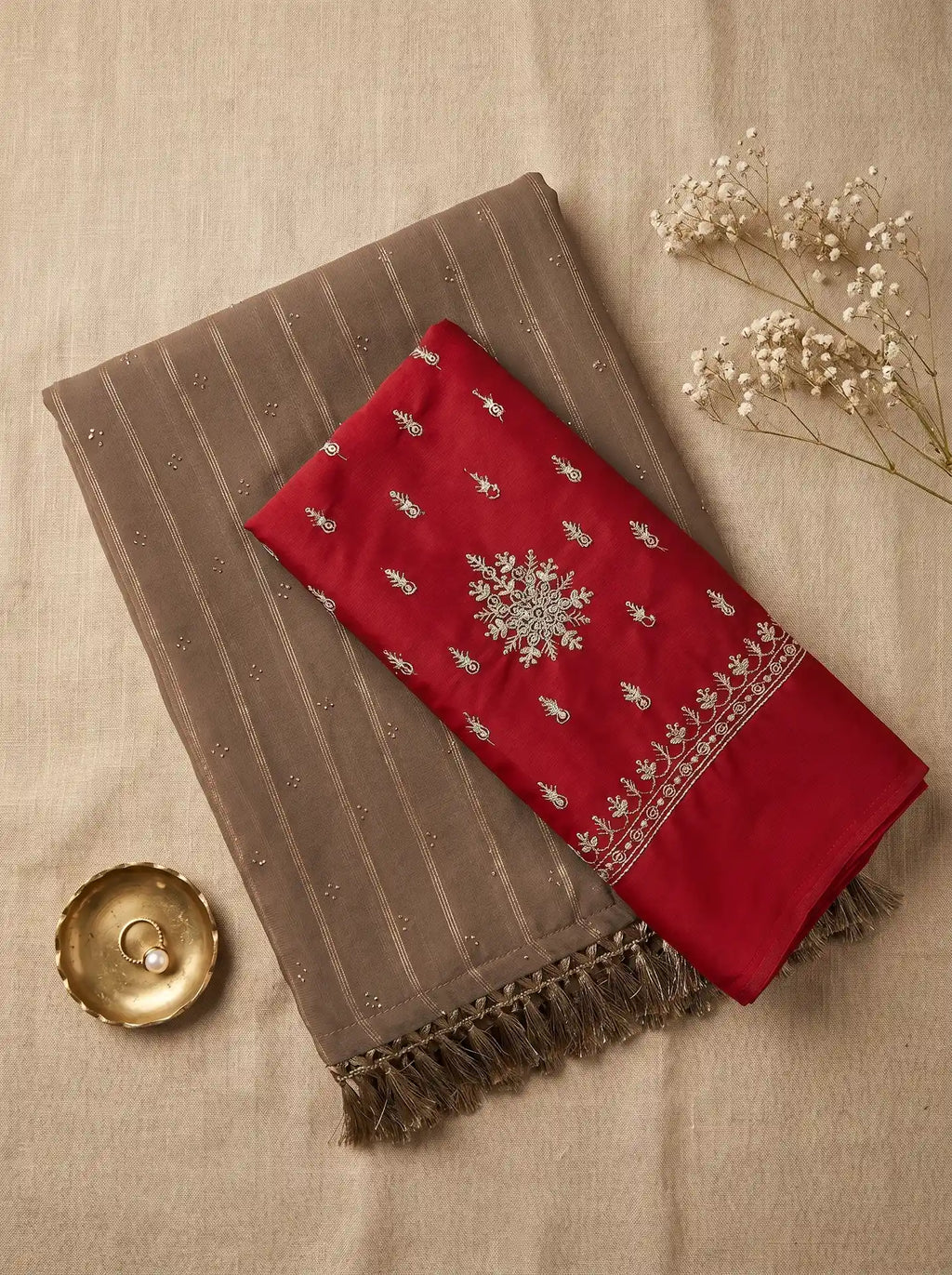 Taupe Grey Georgette Stone Work Saree with Contrast Red Blouse