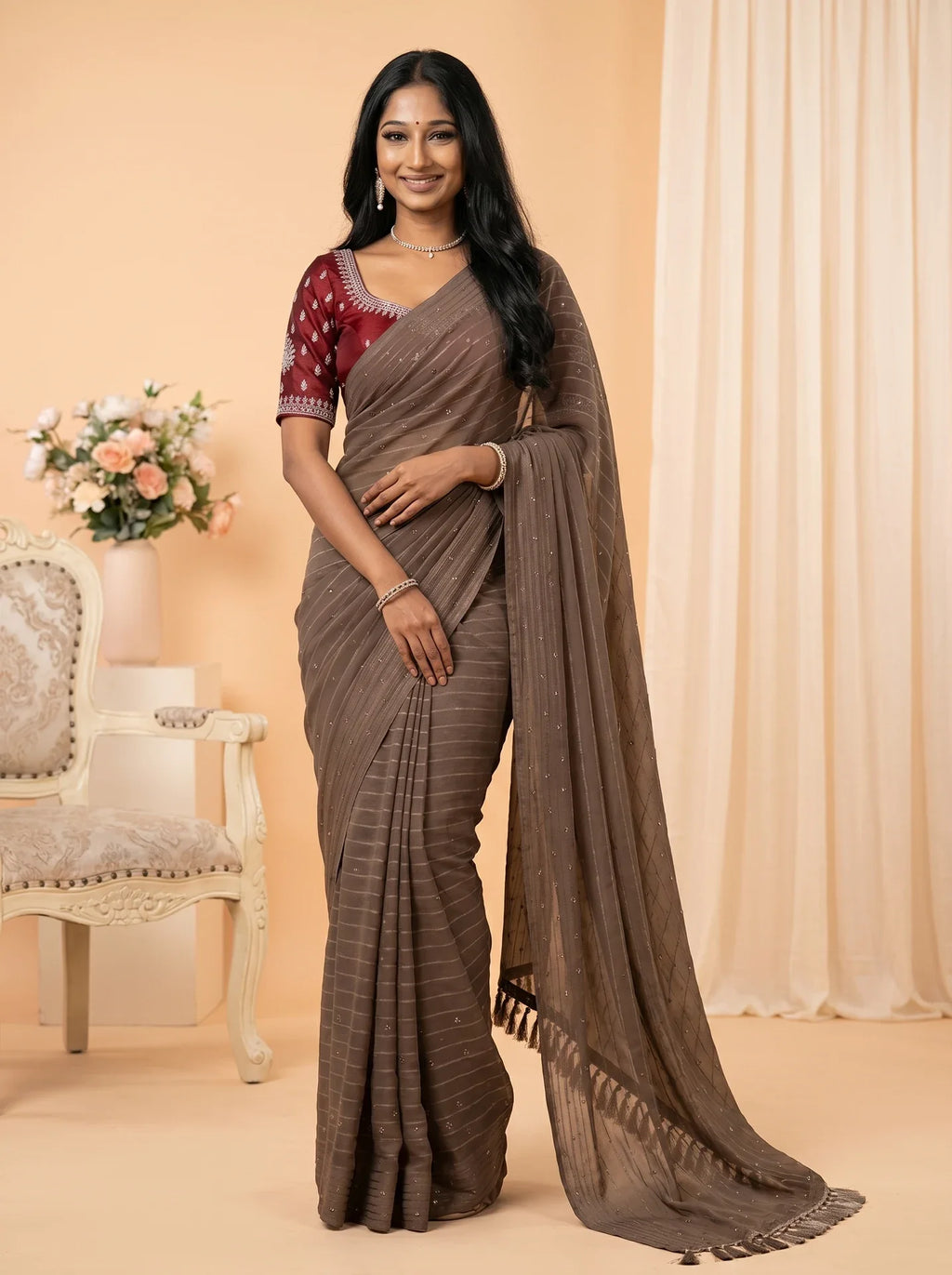Taupe Grey Georgette Stone Work Saree with Contrast Red Blouse