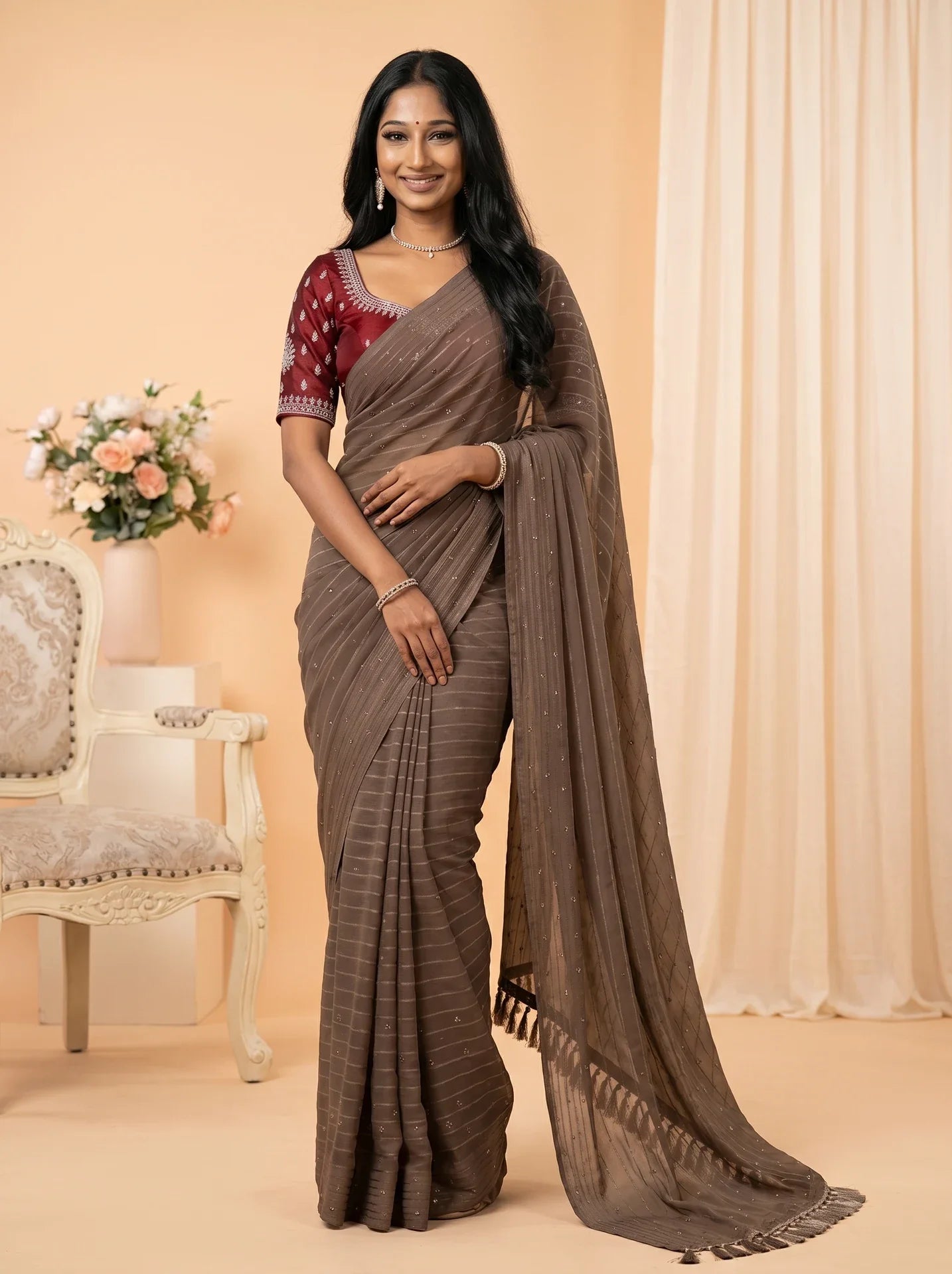 Taupe Grey Georgette Stone Work Saree with Contrast Red Blouse