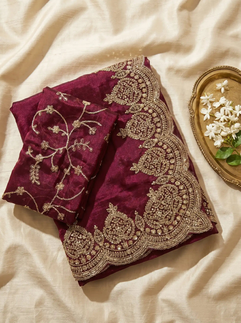 Deep Magenta Wine Sequin Work Saree with Matching Embroidered Blouse