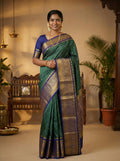 Bottle Green & Blue Butta Semi Silk Saree