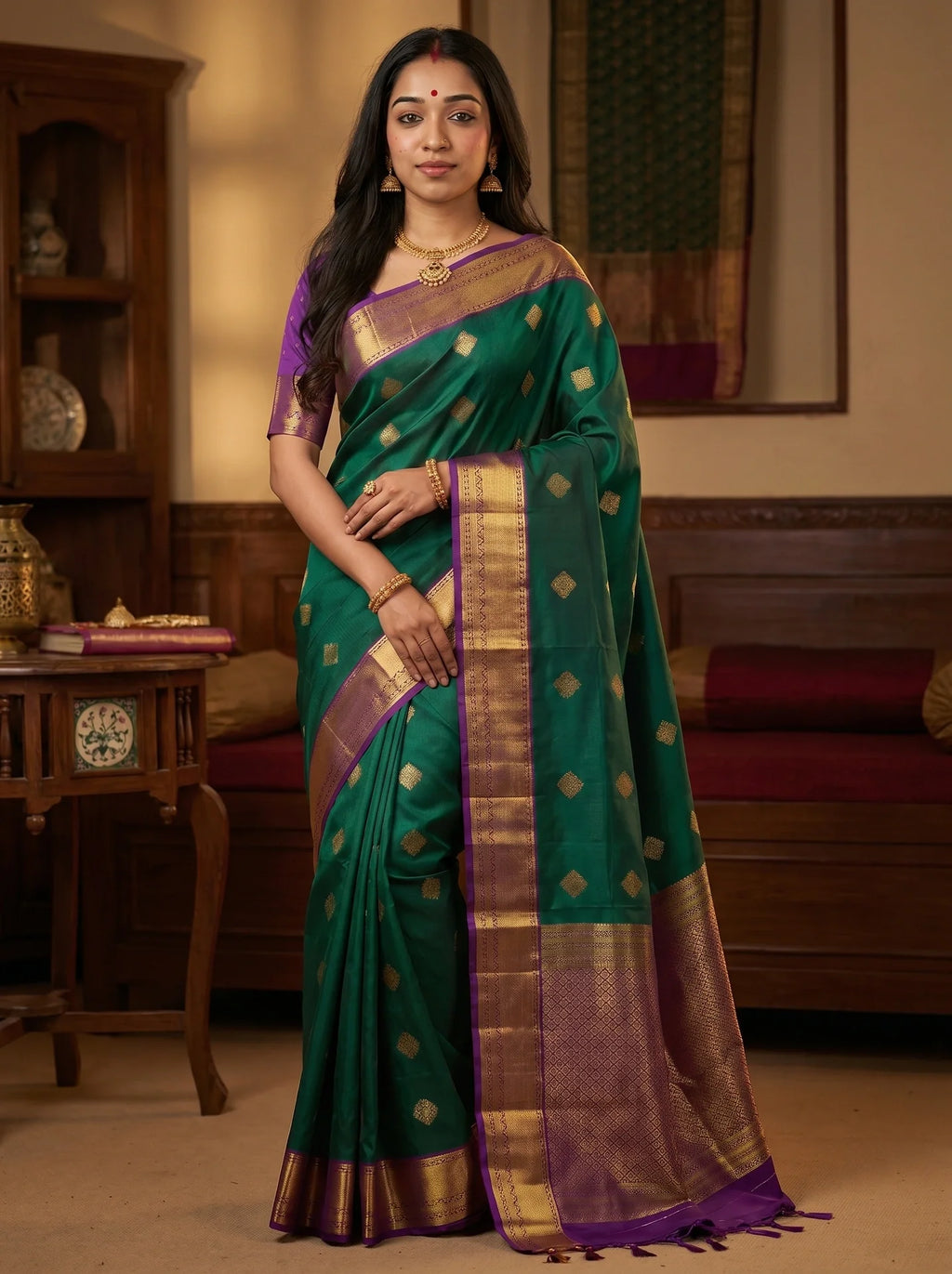 Bottle Green Diamond Butta Soft Silk Saree