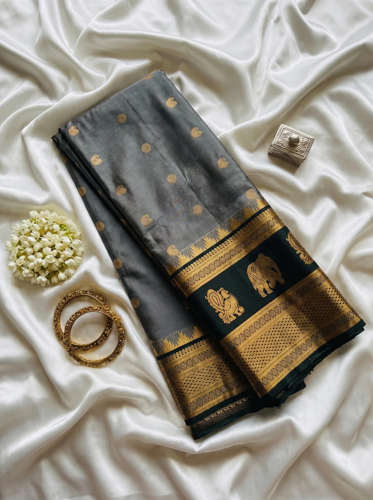 Ash Grey Paisley Butta Semi Silk Saree