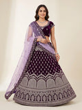 Deep Plum Purple Semi-Stitched Velvet Embroidered Bridal Lehenga Set