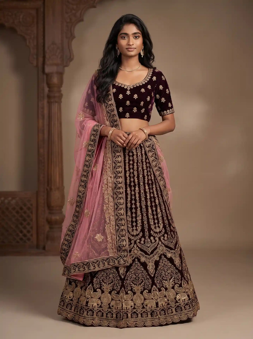 Bridal Deep Wine Velvet Heavy Gold Embroidered Semi-Stitched Lehenga Set