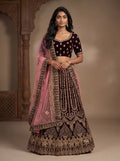 Bridal Deep Wine Velvet Heavy Gold Embroidered Semi-Stitched Lehenga Set