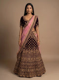 Bridal Deep Burgundy Velvet Heavy Gold Embroidered Semi-Stitched Lehenga Set