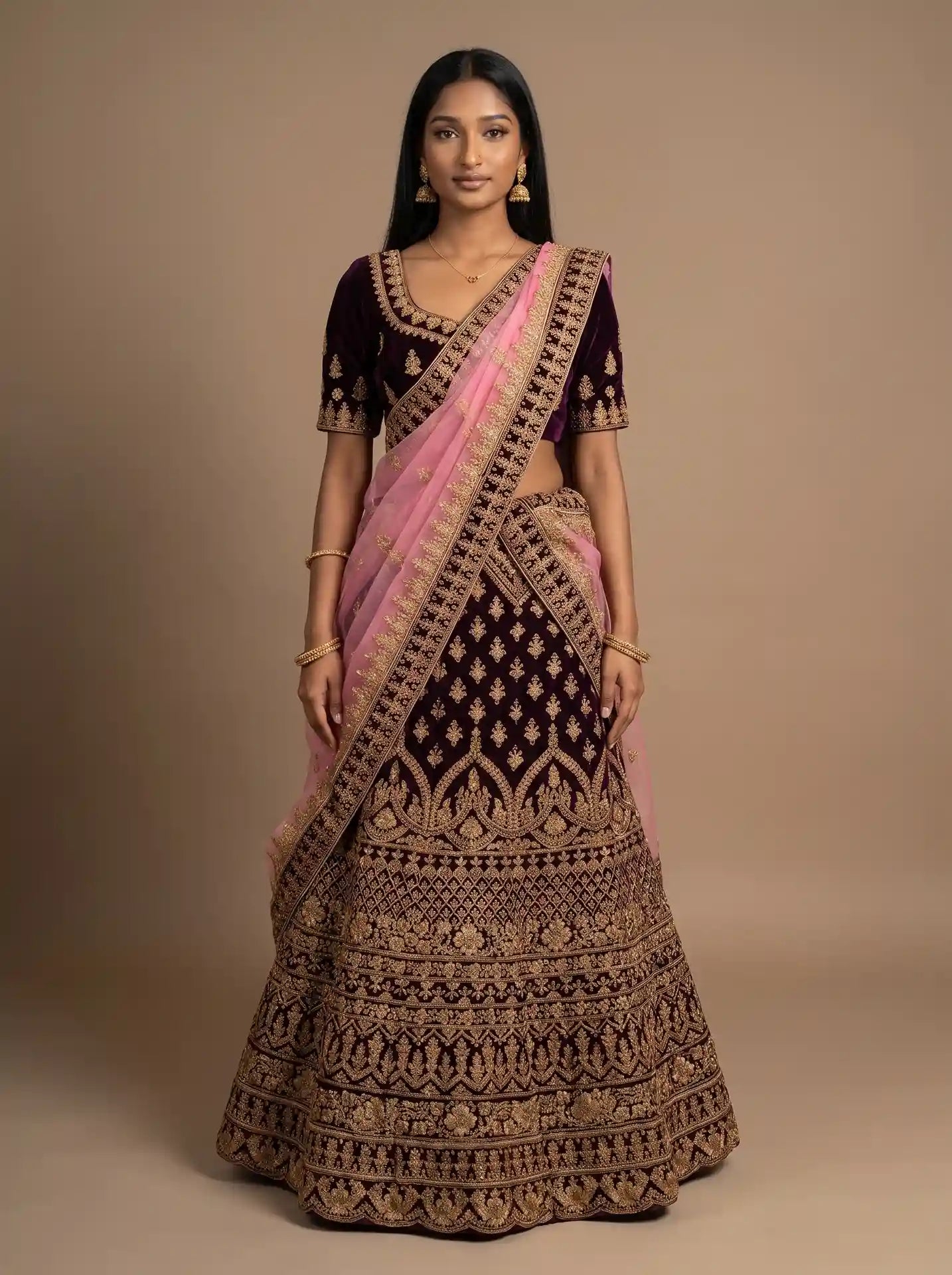 Bridal Deep Burgundy Velvet Heavy Gold Embroidered Semi-Stitched Lehenga Set
