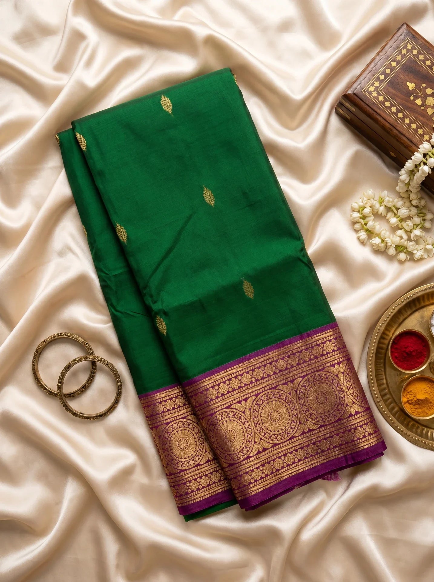 Emerald Green & Magenta Leaf Butta Kanchi Soft Silk Saree