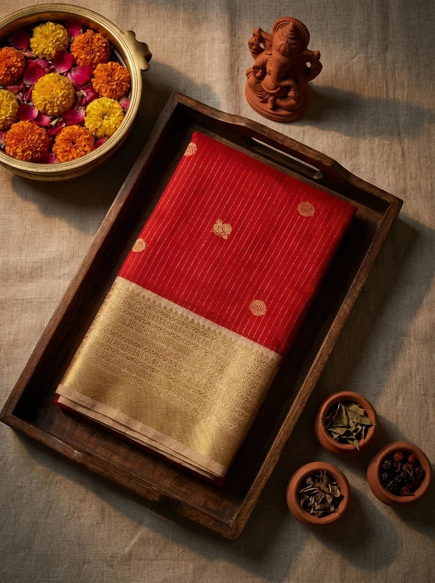 Ruby red Vaira Oosi Kanchi Soft Silk Saree