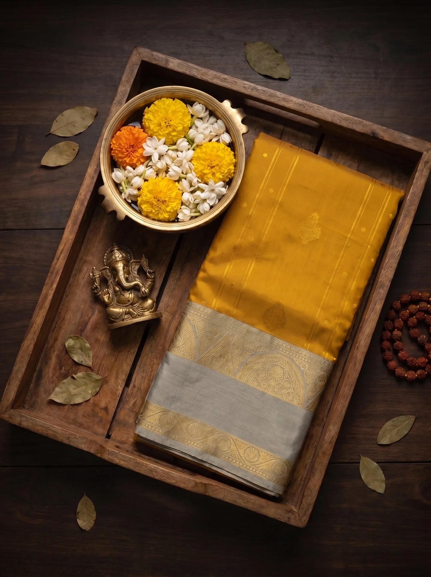 Mustard Yellow & Grey Kanchi Soft  Silk Saree