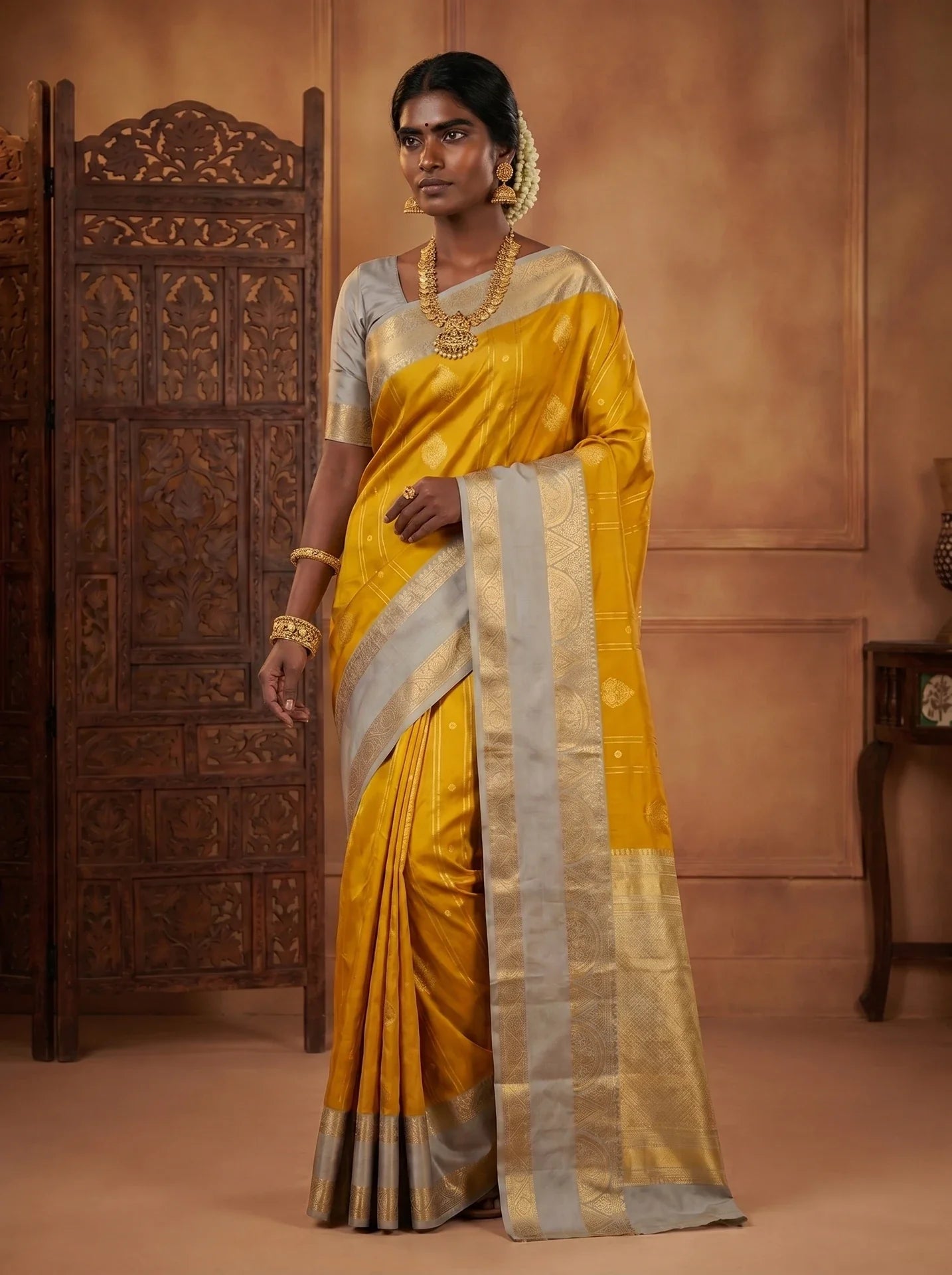 Mustard Yellow & Grey Kanchi Soft  Silk Saree